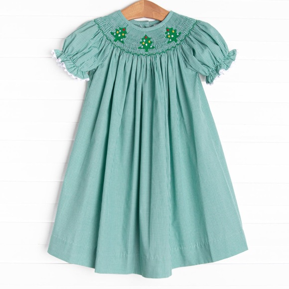 Stitchy Fish Girls Christmas Tree Trio Smocked Dress, Green Gingham Size 4T - Picture 1 of 10